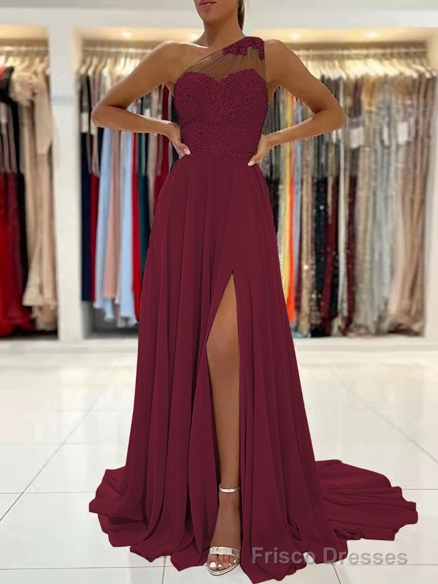 A-Line/Princess One-Shoulder Sweep Train Chiffon Prom Dresses With Leg Slit