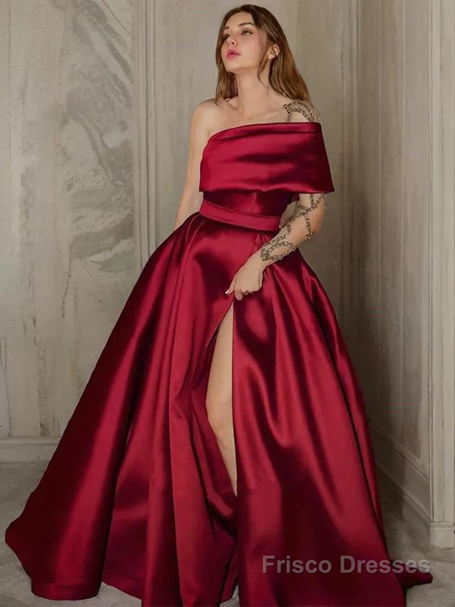 A-Line/Princess One-Shoulder Sweep Train Satin Prom Dresses With Leg Slit Main image