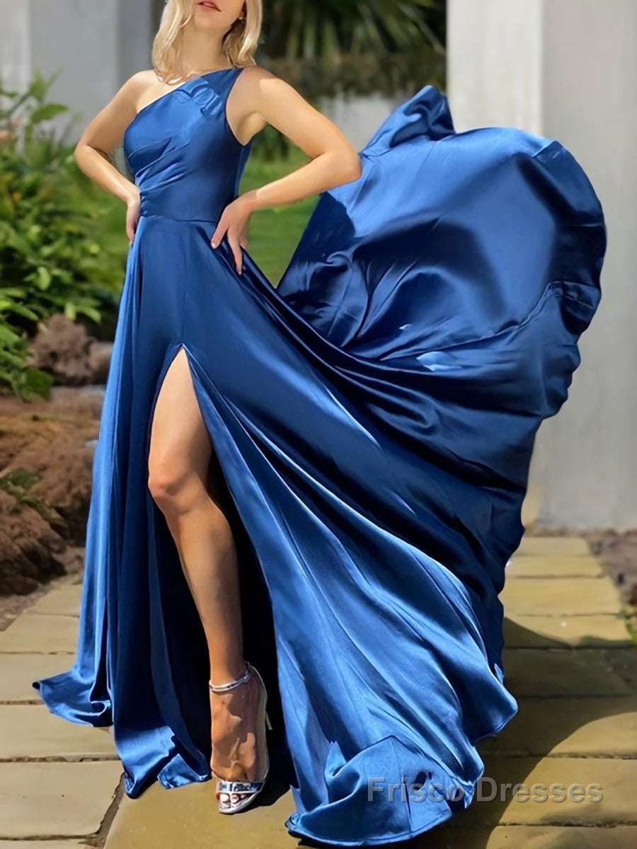 A-Line/Princess One-Shoulder Sweep Train Silk like Satin Prom Dresses With Leg Slit Main image