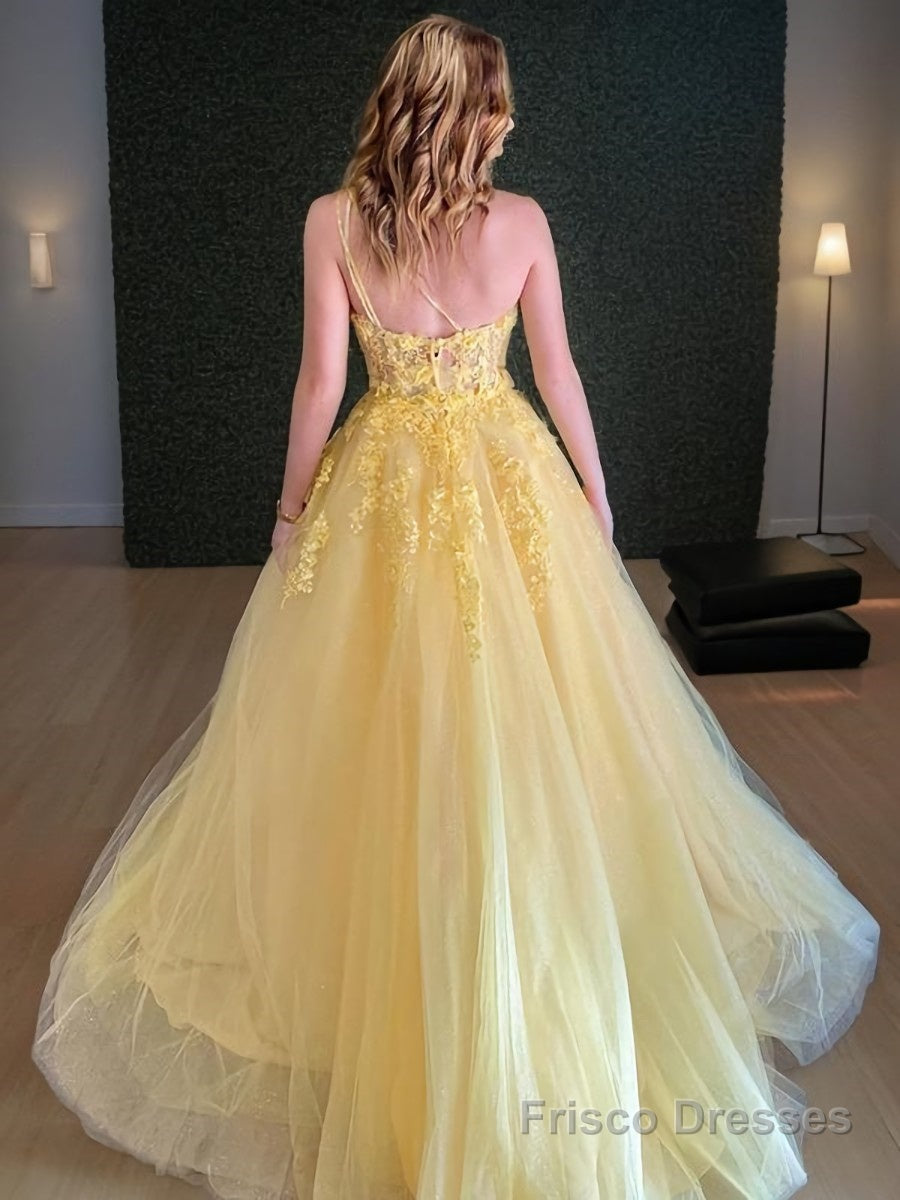 A-Line/Princess One-Shoulder Sweep Train Tulle Prom Dresses With Appliques Lace Secondary image