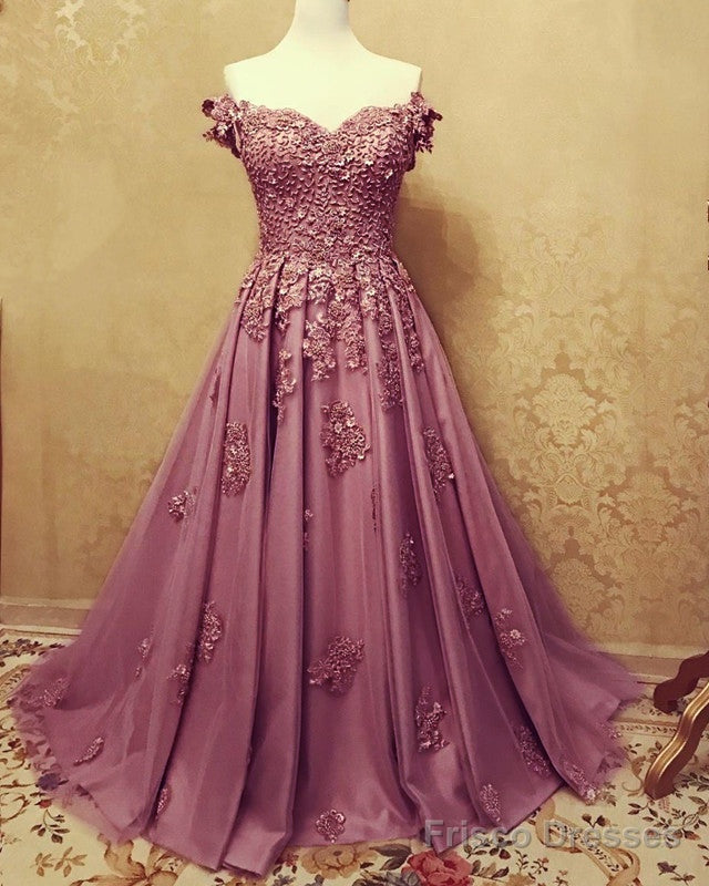 A-Line /Princess Prom Dresses Tulle Off The Shoulder Lace Embroidery Main image