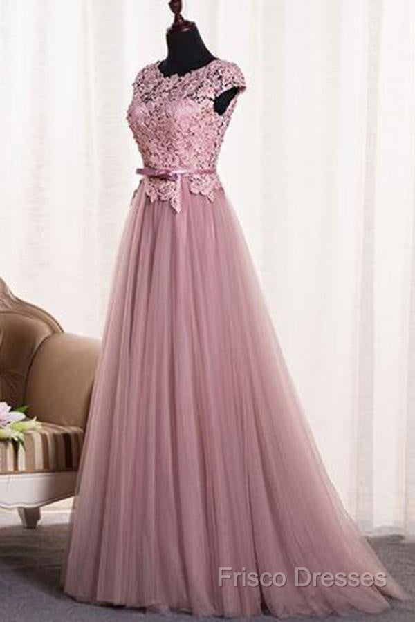 A-Line/Princess Sash Tulle Floor-Length Lace Formal Prom Dress