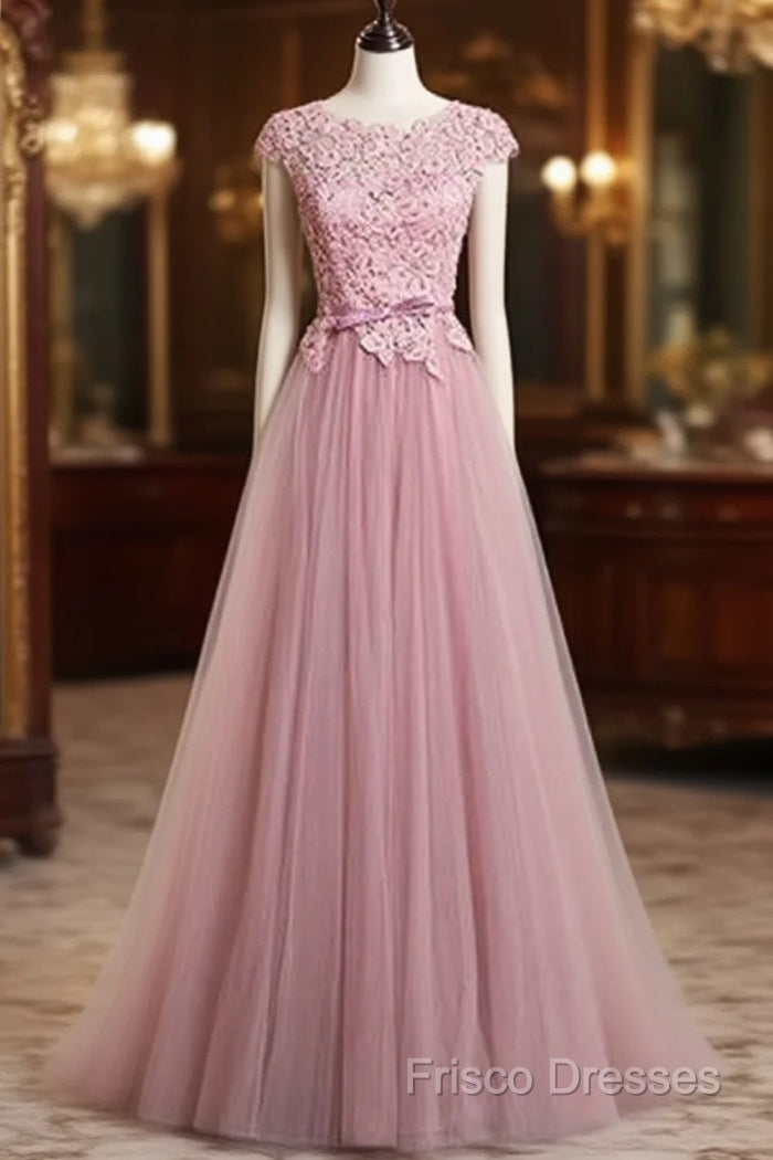 A-Line/Princess Sash Tulle Floor-Length Lace Formal Prom Dress Main image