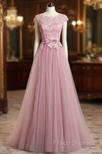 A-Line/Princess Sash Tulle Floor-Length Lace Formal Prom Dress