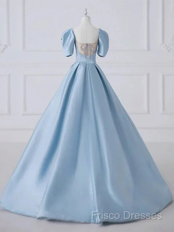 A-Line Princess Satin Blue Long Formal Prom Dress Quinceanera Dress Elegant Formal Dress