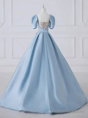 A-Line Princess Satin Blue Long Prom Dress Quinceanera Dress Elegant Evening Dress