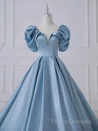 A-Line Princess Satin Blue Long Formal Prom Dress Quinceanera Dress Elegant Formal Dress