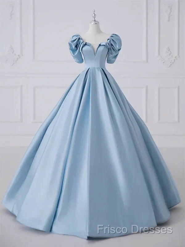 A-Line Princess Satin Blue Long Formal Prom Dress Quinceanera Dress Elegant Formal Dress