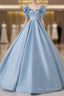 A-Line Princess Satin Blue Long Formal Prom Dress Quinceanera Dress Elegant Formal Dress