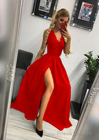 A-line/Princess Scalloped Neck Sleeveless Long/Floor-Length Elastic Satin Prom Dresses With Lace Split