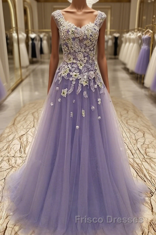 A-Line/Princess Scoop Floor-Length Tulle Evening Dress With Appliques Lace Main image