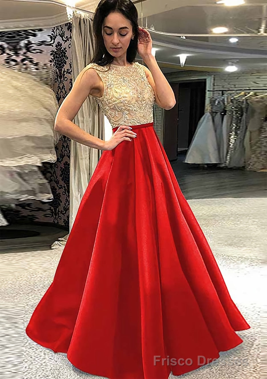 A-line/Princess Scoop Neck Sleeveless Long/Floor-Length Satin Prom Dresses With Beading
