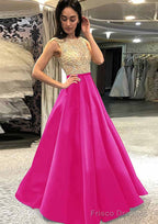 A-line/Princess Scoop Neck Sleeveless Long/Floor-Length Satin Prom Dresses With Beading