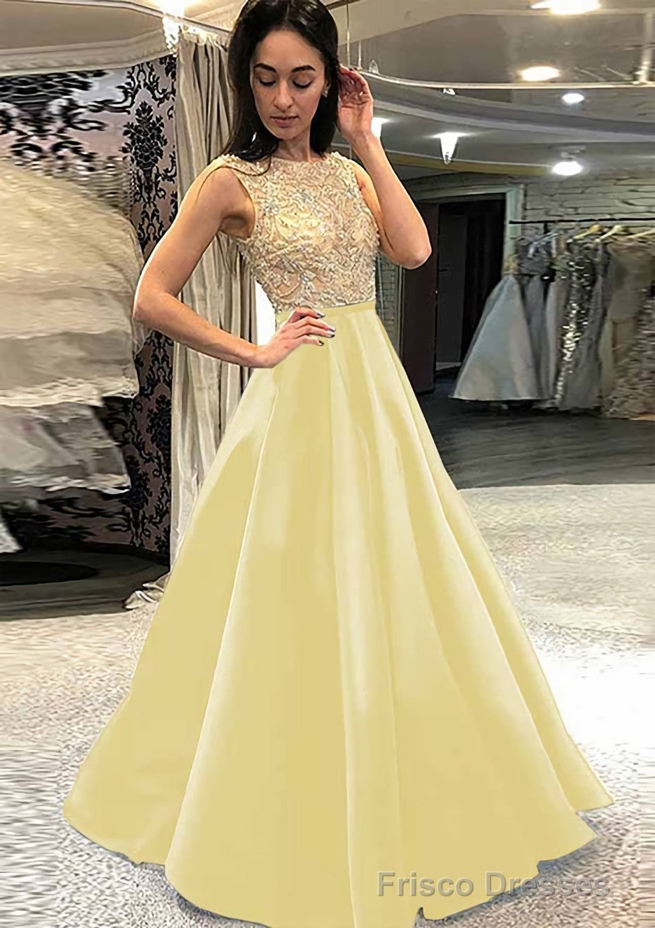A-line/Princess Scoop Neck Sleeveless Long/Floor-Length Satin Prom Dresses With Beading