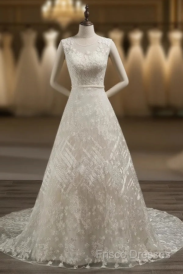 A-Line/Princess Scoop Sleeveless Tulle Applique Covered Button Court Train Wedding Dress Main image