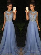 A-Line/Princess Scoop Sweep Train Chiffon Prom Dresses With Appliques Lace