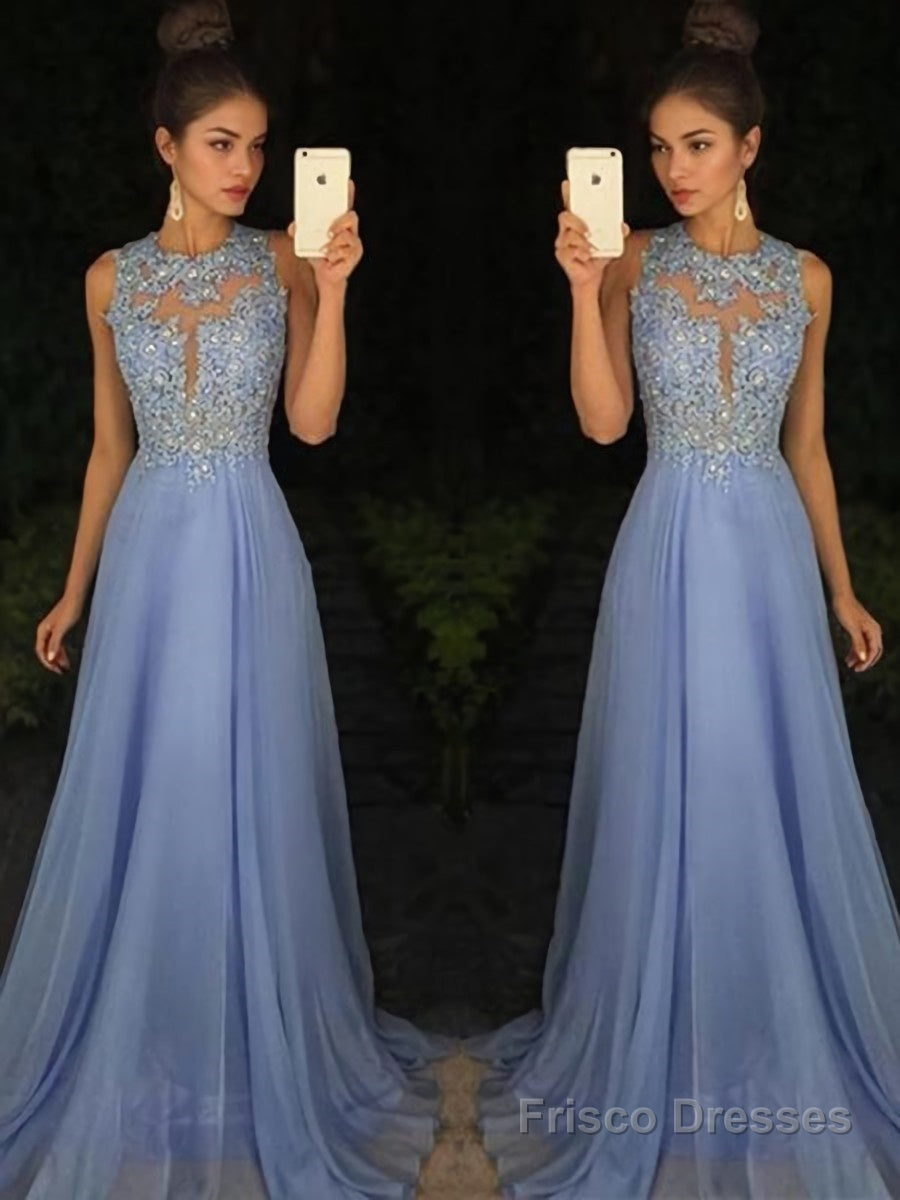 A-Line/Princess Scoop Sweep Train Chiffon Prom Dresses With Appliques Lace
