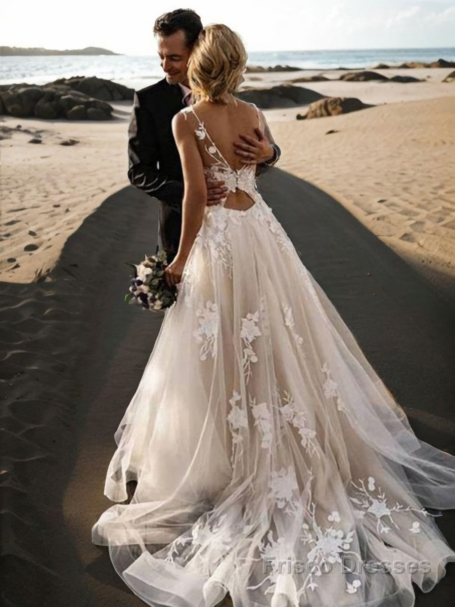 A-Line/Princess Scoop Sweep Train Lace Wedding Dresses With Appliques Lace Main image