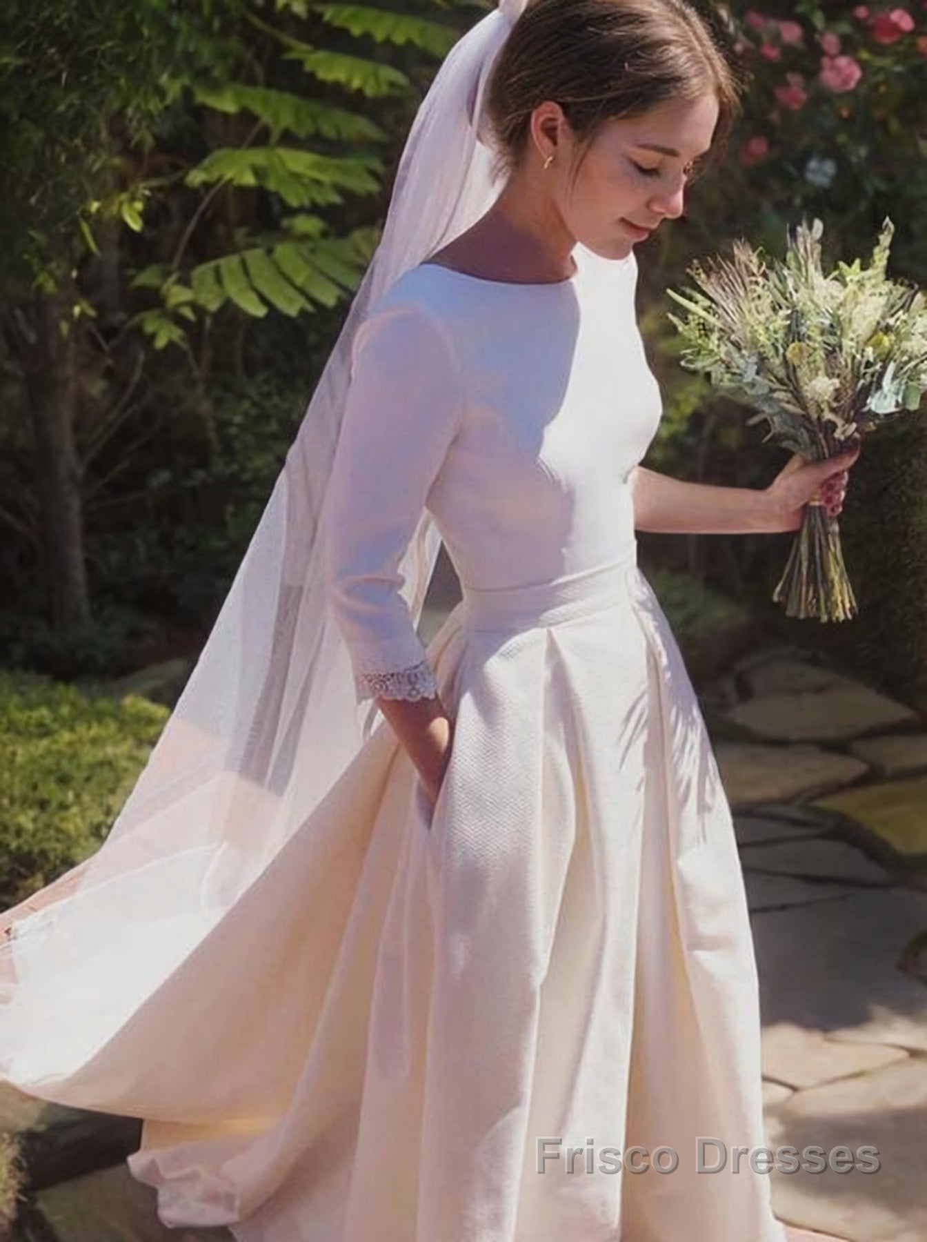 A-Line/Princess Scoop Sweep Train Stretch Crepe Wedding Dresses With Ruffles Secondary image