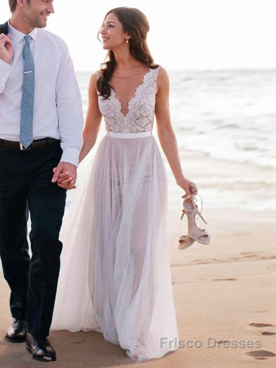 A-Line/Princess Scoop Sweep Train Tulle Wedding Dresses Main image