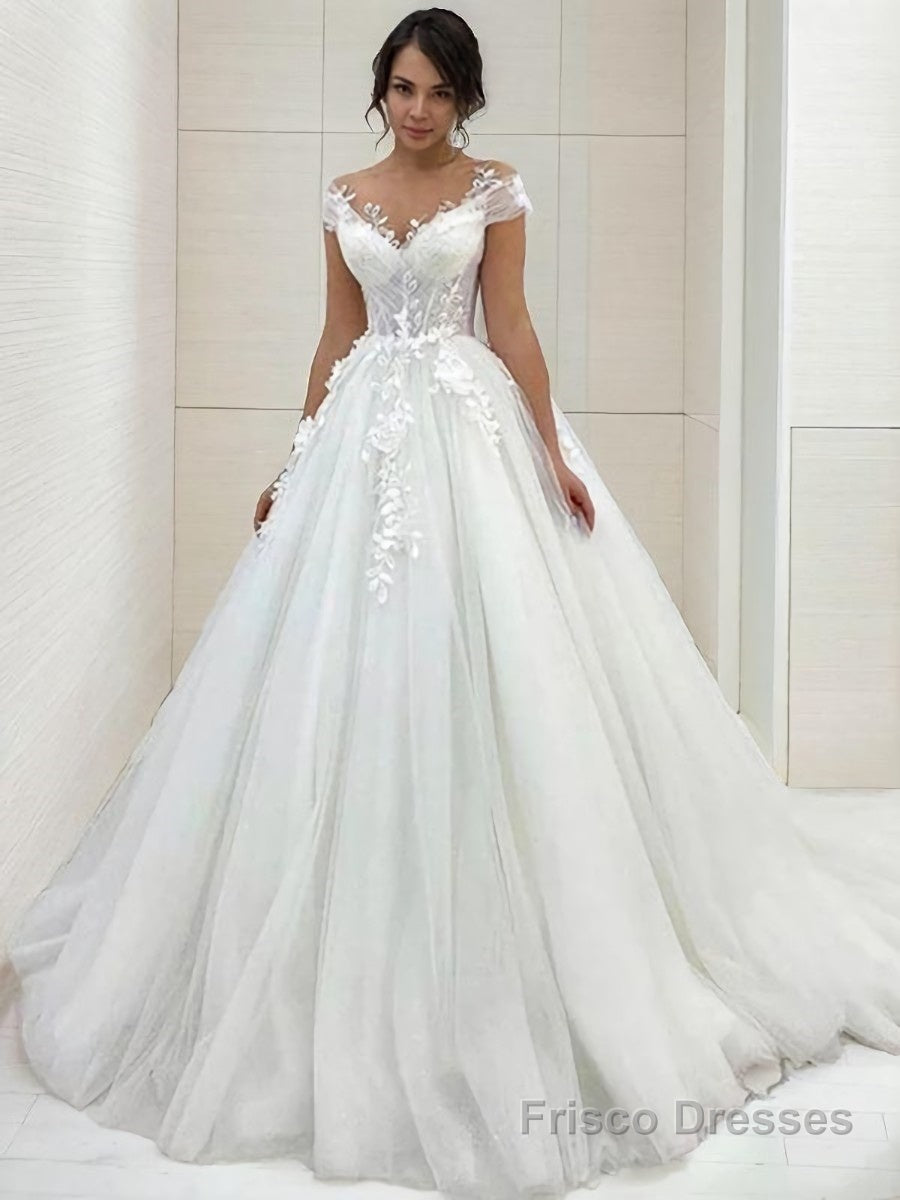 A-Line/Princess Scoop Sweep Train Tulle Wedding Dresses