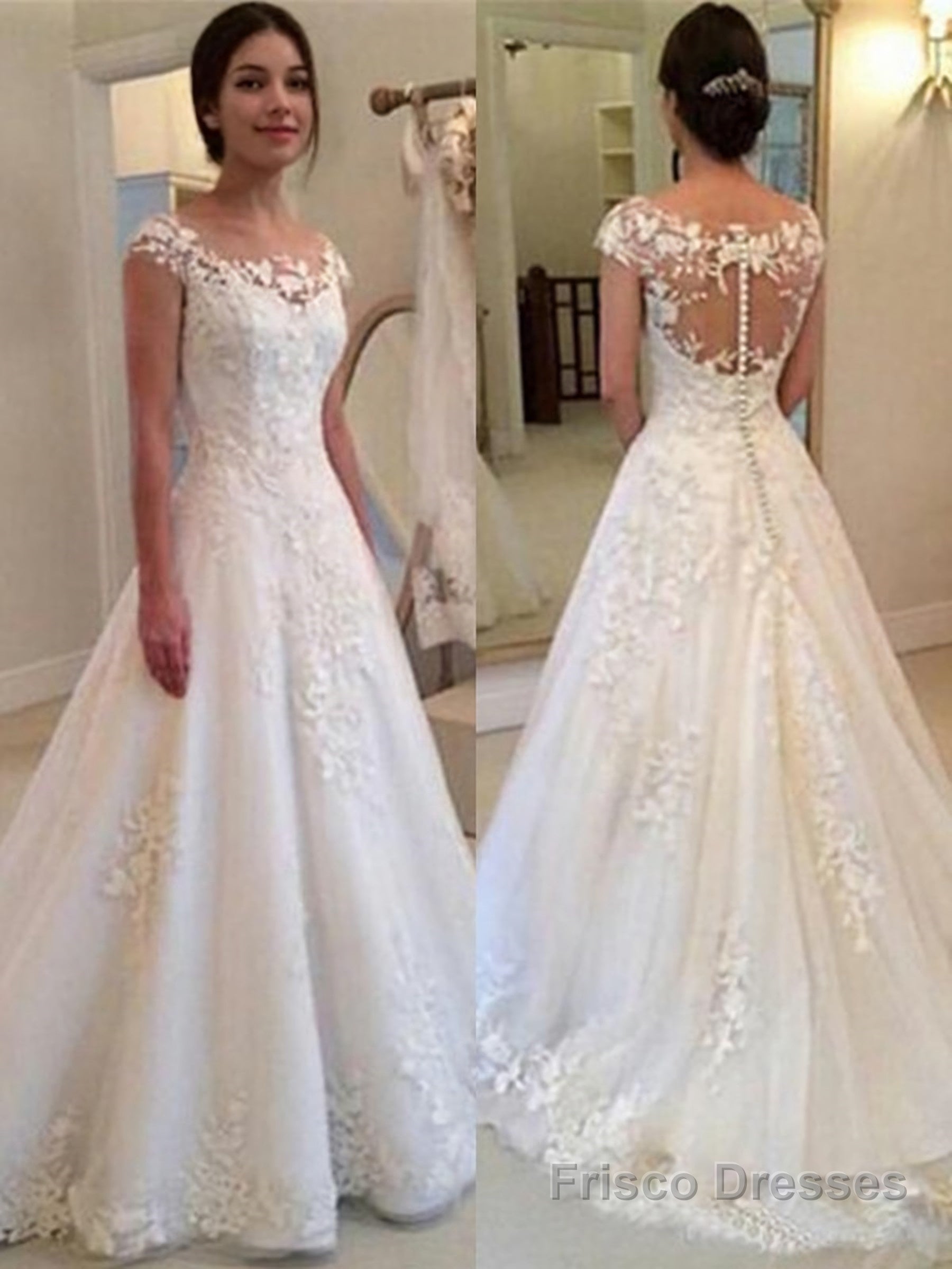 A-Line/Princess Scoop Sweep Train Tulle Wedding Dresses With Appliques Lace Main image