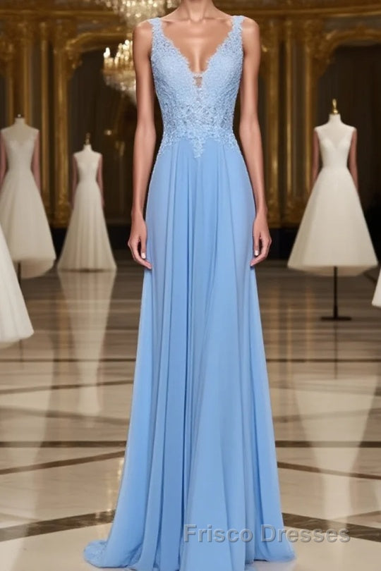 A-Line/Princess Spaghetti Straps Floor-Length Chiffon Formal Prom Dress With Appliques Lace