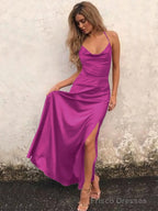 A-Line/Princess Spaghetti Straps Floor-Length NS Elastic Woven Satin Prom Dresses With Leg Slit