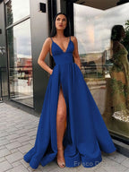 A-Line/Princess Spaghetti Straps Floor-Length Satin Prom Dresses With Leg Slit