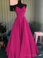 A-Line/Princess Spaghetti Straps Floor-Length Satin Prom Dresses With Ruffles