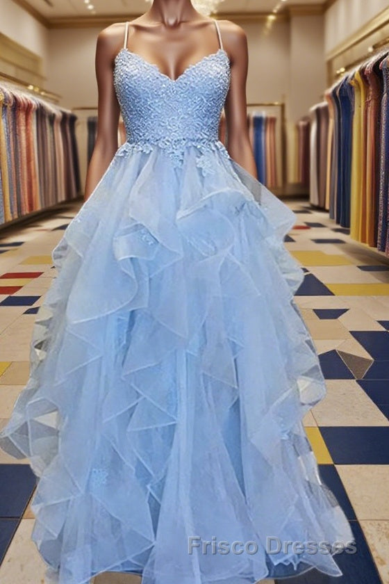 A-Line/Princess Spaghetti Straps Floor-Length Tulle Evening Dress With Appliques Lace Main image