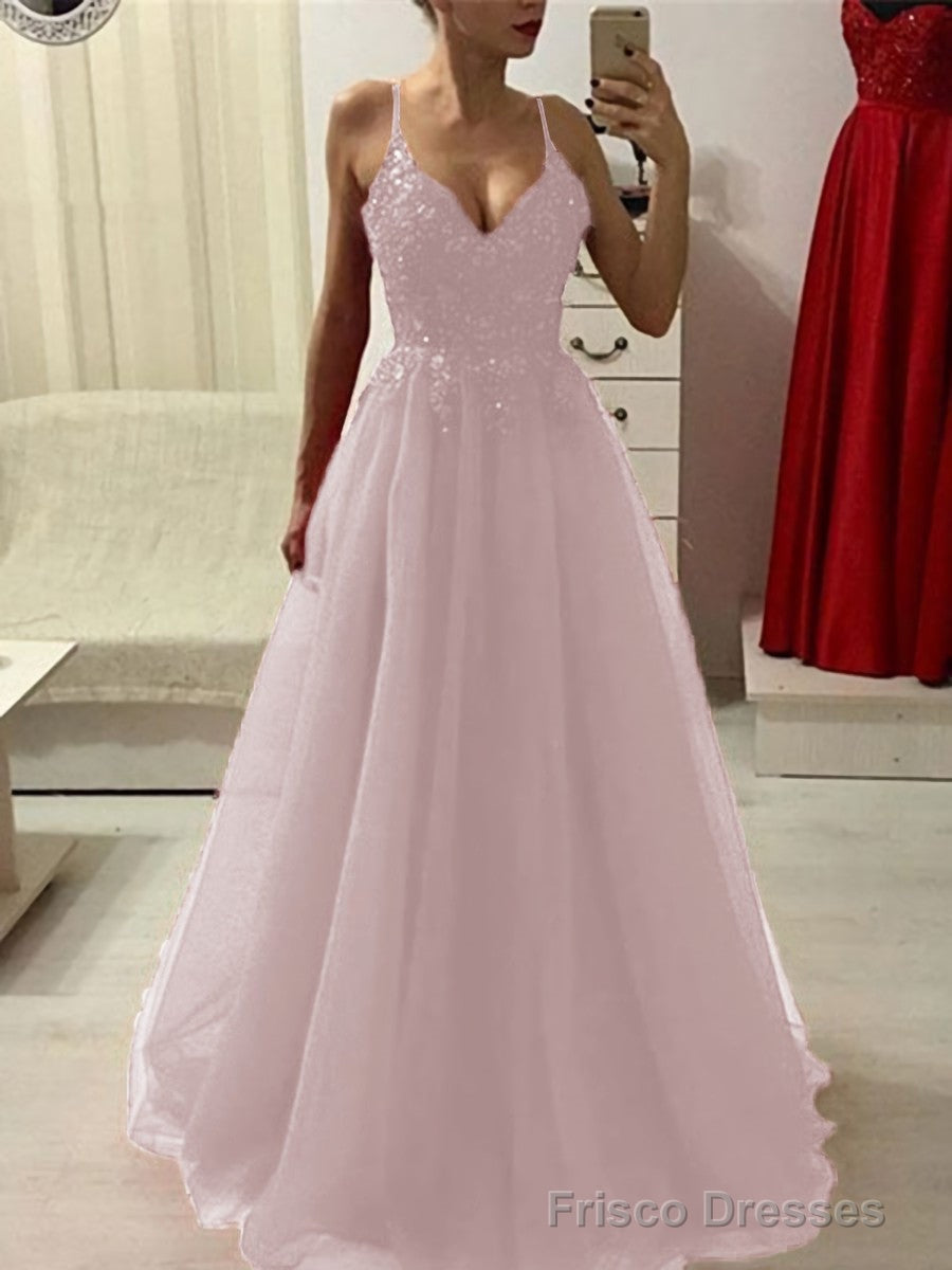 A-Line/Princess Spaghetti Straps Floor-Length Tulle Prom Dresses With Appliques Lace