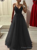 A-Line/Princess Spaghetti Straps Floor-Length Tulle Prom Dresses With Appliques Lace