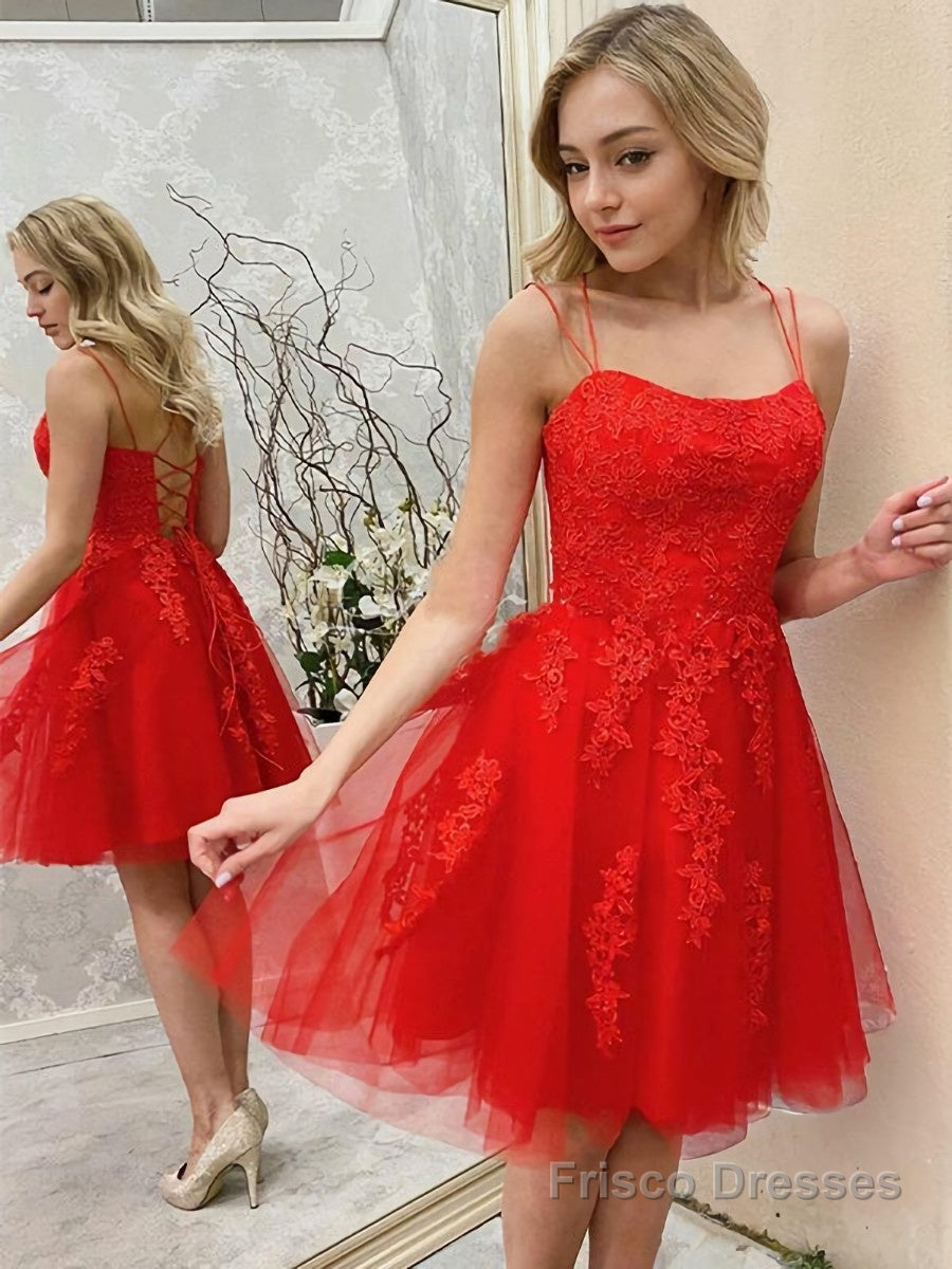 A-Line/Princess Spaghetti Straps Short/Mini Tulle Homecoming Dresses With Appliques Lace Main image