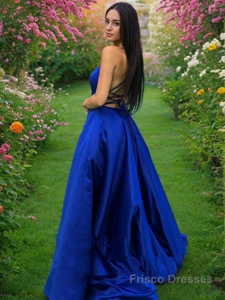 A-Line/Princess Spaghetti Straps Sweep Train Satin Prom Dresses