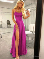 A-Line/Princess Spaghetti Straps Sweep Train Silk like Satin Prom Dresses With Leg Slit
