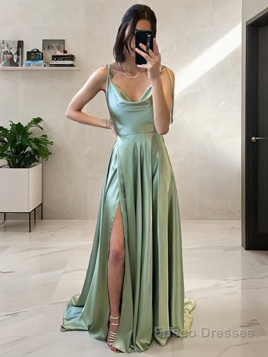 A-Line/Princess Spaghetti Straps Sweep Train Silk like Satin Prom Dresses With Leg Slit Main image