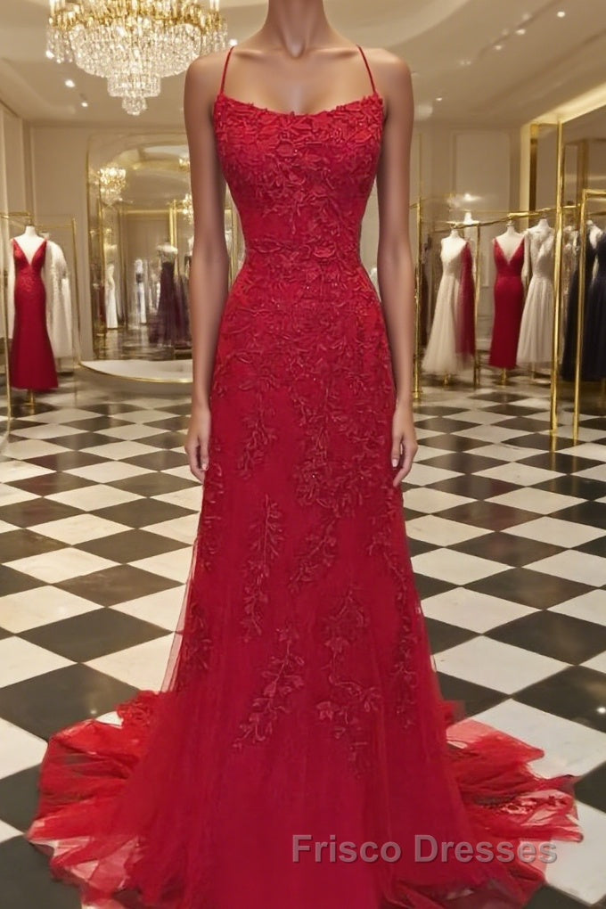 A-Line/Princess Spaghetti Straps Sweep Train Tulle Evening Dress With Appliques Lace