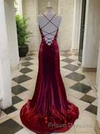 A-Line/Princess Spaghetti Straps Sweep Train Velvet Formal Prom Dress With Leg Slit