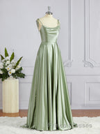 A-Line/Princess Square Sweep Train Silk like Satin Bridesmaid Dress with Leg Slit