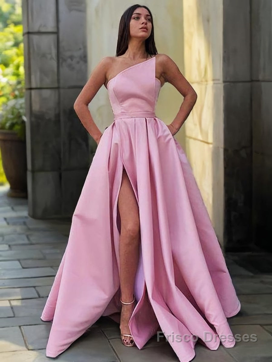 A-Line/Princess Strapless Floor-Length Satin Prom Dresses With Leg Slit Main image