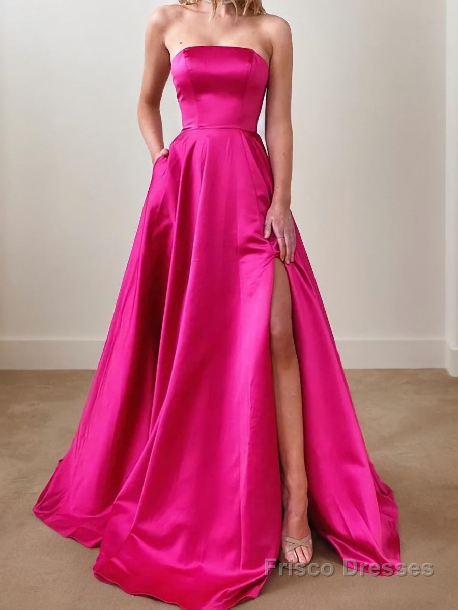 A-Line/Princess Strapless Sweep Train Satin Prom Dresses With Leg Slit Main image