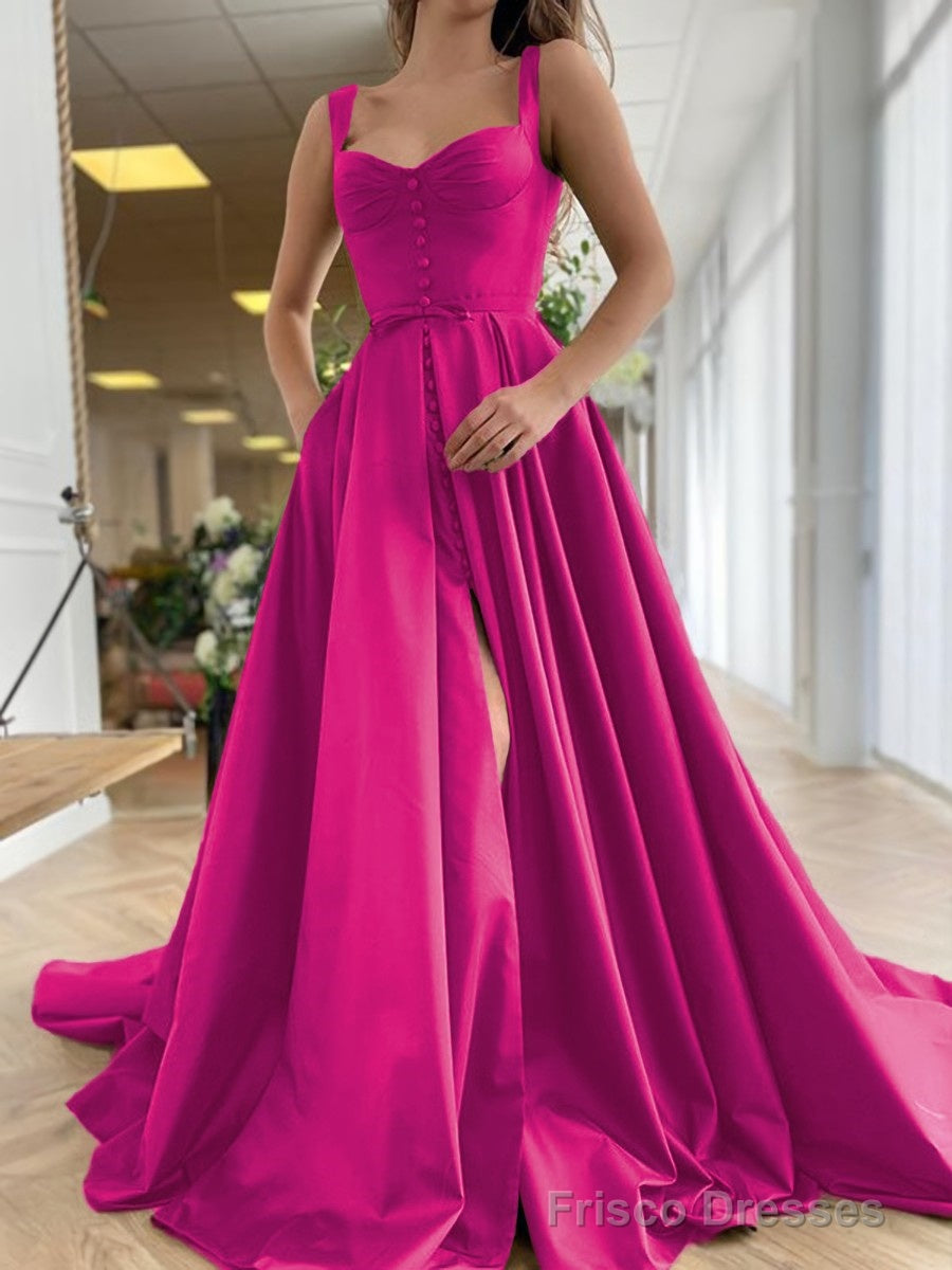 A-Line/Princess Straps Court Train Satin Prom Dresses With Pockets