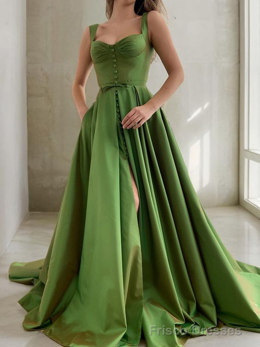 A-Line/Princess Straps Court Train Satin Prom Dresses With Pockets Main image