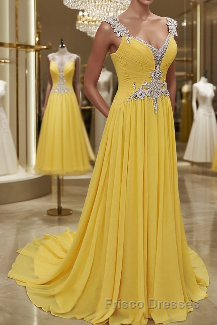 A-Line/Princess Straps Sweep Train Chiffon Formal Prom Dress With Beading Main image