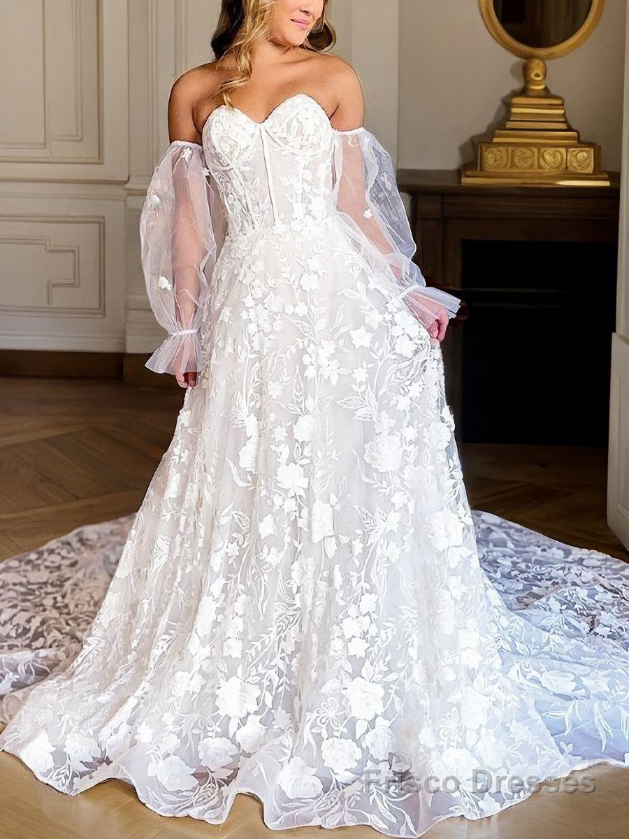 A-Line/Princess Sweetheart Cathedral Train Lace Wedding Dresses With Appliques Lace Main image