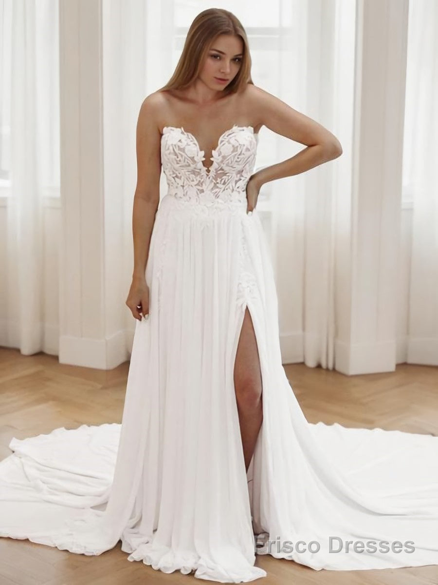 A-Line/Princess Sweetheart Chapel Train Chiffon Wedding Dresses With Leg Slit Main image