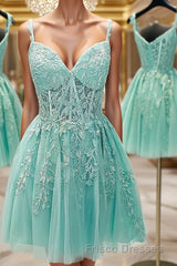 A-Line/Princess Sweetheart Corset Short/Mini Tulle Homecoming Dress With Appliques Lace