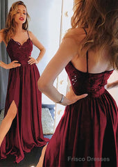 A-line/Princess Sweetheart Sleeveless Long/Floor-Length Charmeuse Prom Dresses With Split Lace