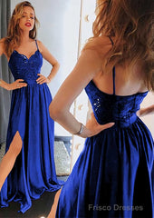 A-line/Princess Sweetheart Sleeveless Long/Floor-Length Charmeuse Prom Dresses With Split Lace